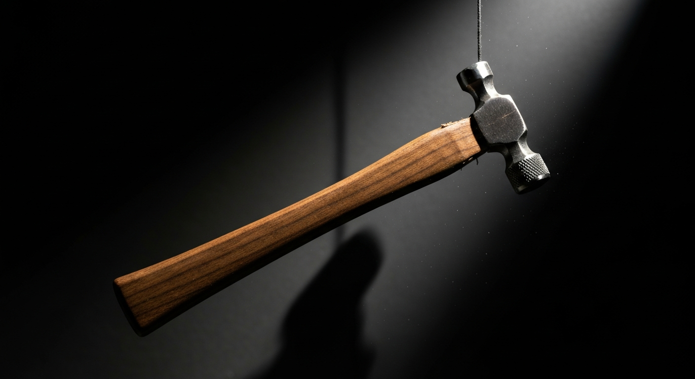 Marteau de menuisier en acier forgé suspendu, lumière de studio dramatique sur fond d'atelier sombre