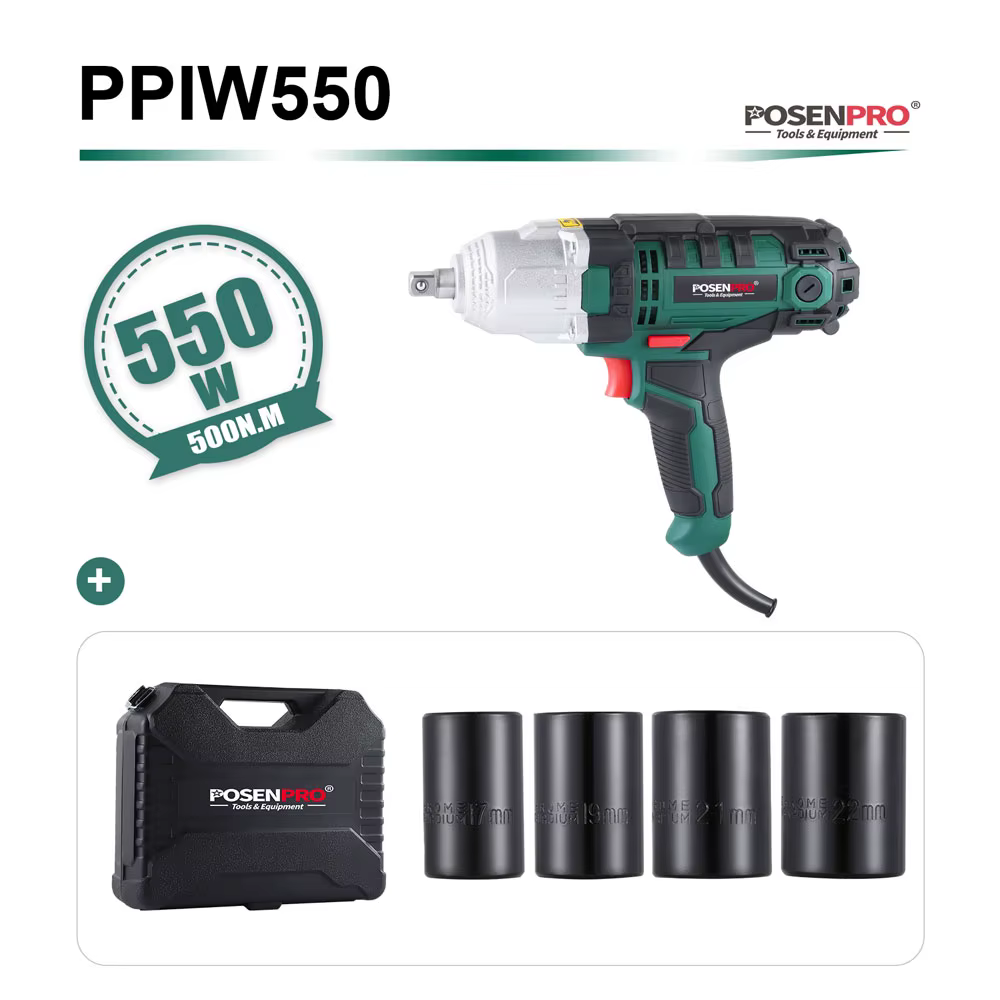 Clé à chocs électrique POSENPRO 550W, couple maximal 500 Nm, câble en caoutchouc de 2 m, clés à doui