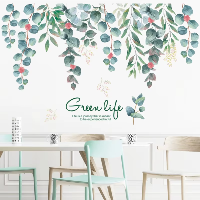 Autocollant mural en feuilles de vigne verte Green Life, décoration de fond de salon, embellissement