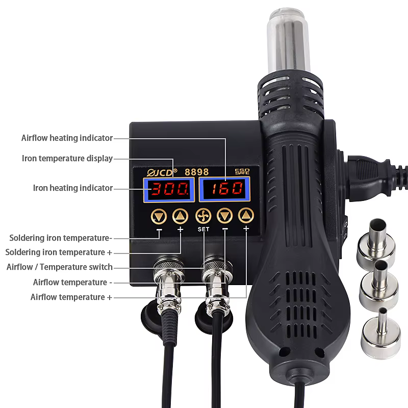 JCD-Pistolet à air chaud 2 en 1 750W, affichage numérique LCD, station de expédide soudage pour télé