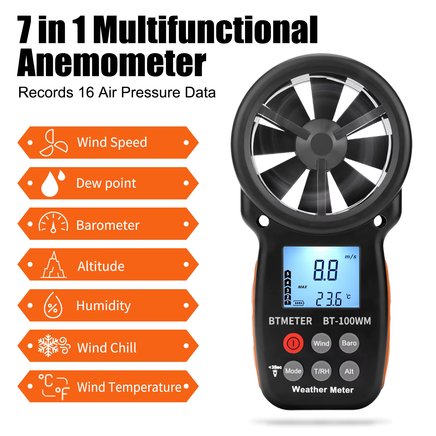BTMETER – anémomètre numérique portatif, baromètre, pour la vitesse du vent, la température, le refr