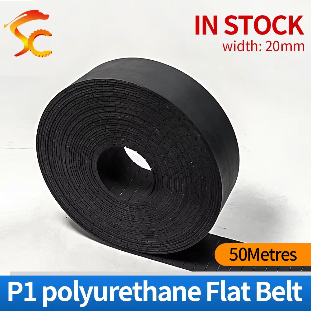 Courroie plate P1 de 50 mètres, épaisseur 1 mm, largeur 20 mm, en polyuréthane noir avec âme en acie