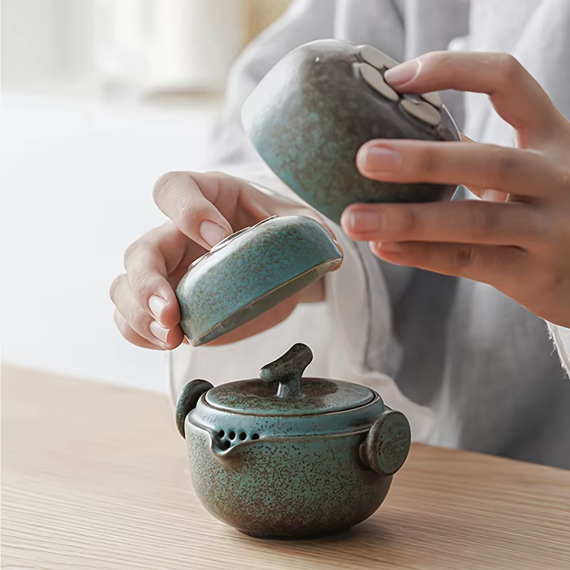 Service à thé japonais portable en céramique, fait main, avec théière, 2 tasses et étui de transport