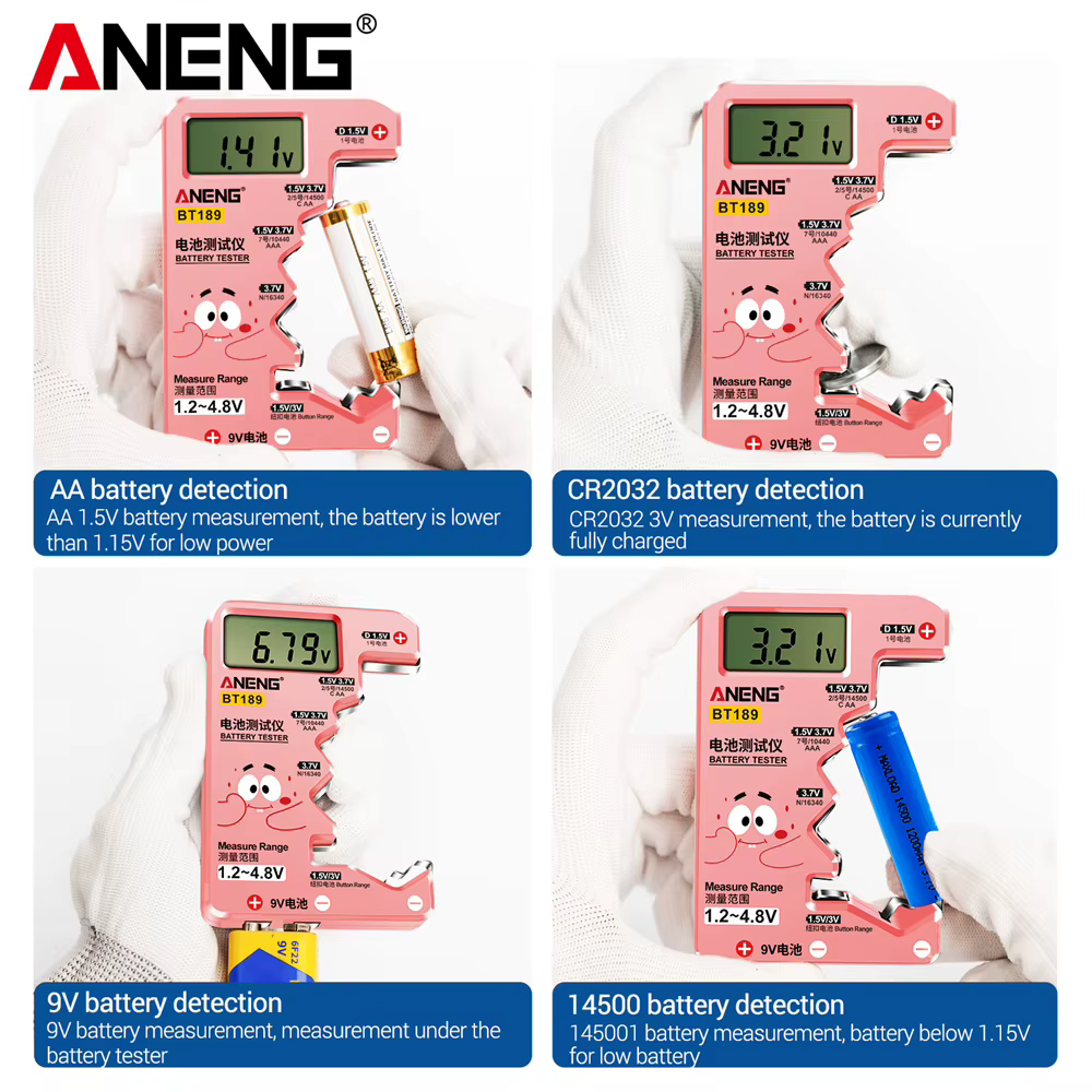 ANENG BT189 testeur de batterie universel pour Batteries C,AA,AAA,D,N,9V 6F22 1.5V 3V pile bouton in
