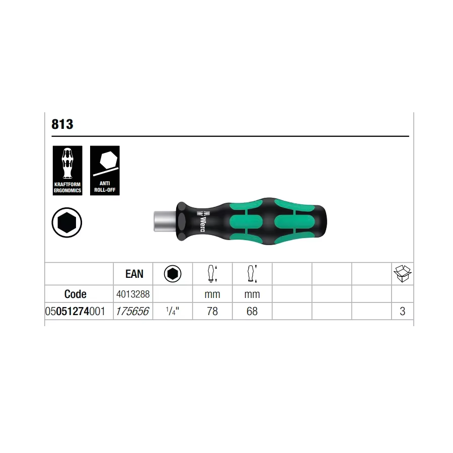 WERA 813 05051274001 Mini poignée de tournevis-prise de 6,4 mm, embouts interchangeables, outils à m