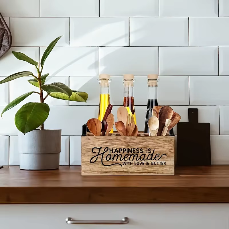 Organisateur d'ustensiles de cuisine en bois classique de haute qualité - Boîte de rangement portabl