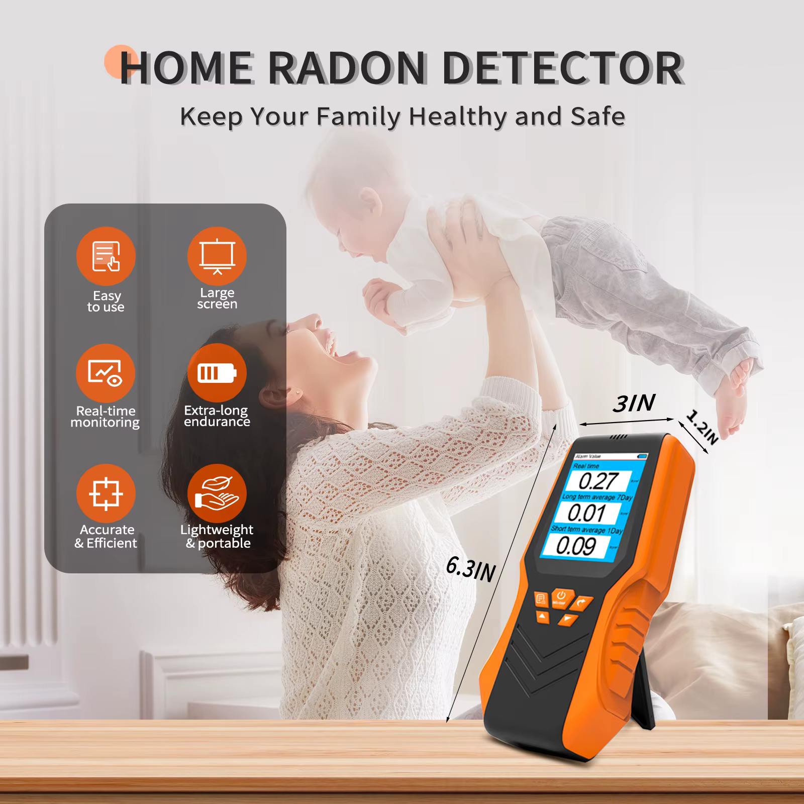 Détecteur de Radon Portable, testeur de gaz Radon 0.1-1750 pCi/L, résultats rapides et précis pour l