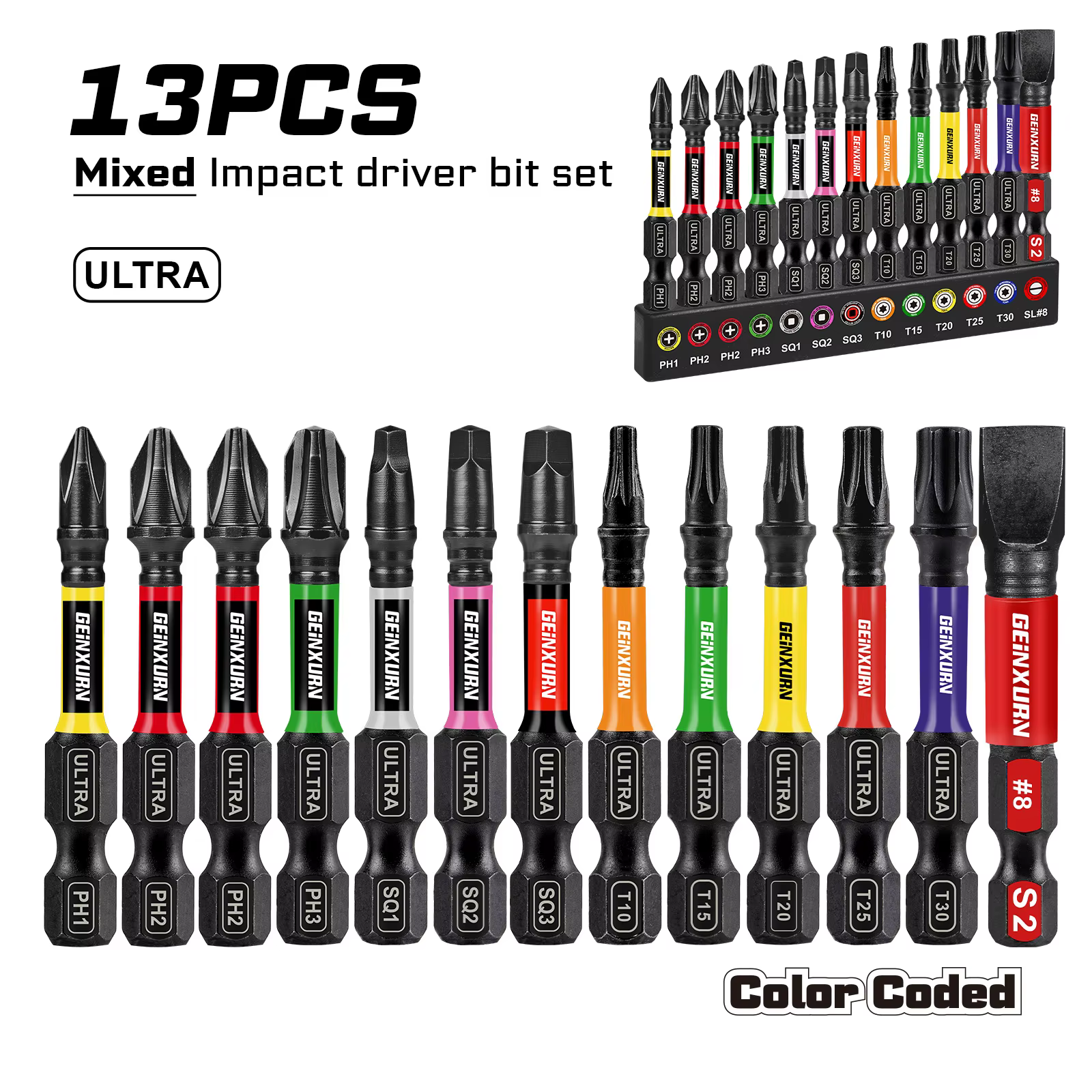 Geinxurn 13 pièces jeu d'embouts de tournevis Impact Phillipes/carrés/à fente, jeu d'embouts magnéti
