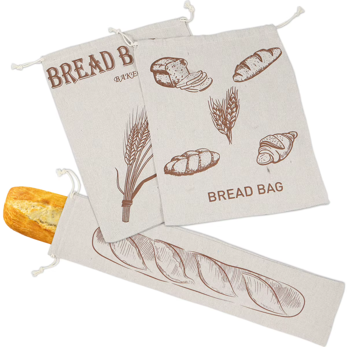 Nouveaux sacs de rangement de pain en coton et lin, 3 pièces, sacs à pain faits maison avec cordon d