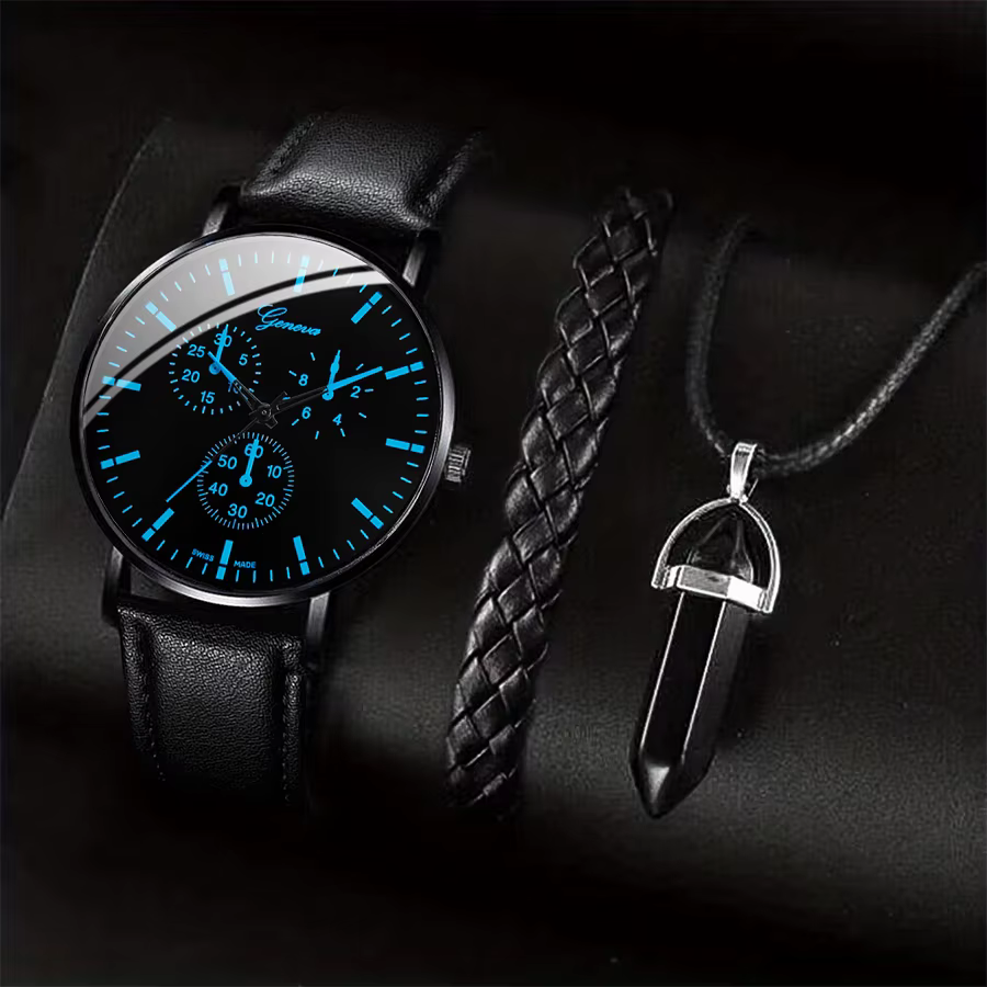 3 pièces/ensemble hommes montres d'affaires bracelet en cuir décontracté analogique montre à Quartz 