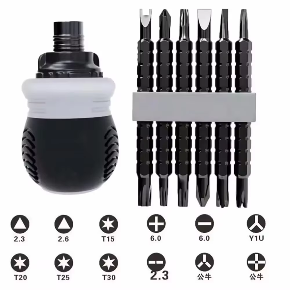 Tournevis à cliquet ergonomique à manche court avec 12 embouts double face multi-spécifications pour