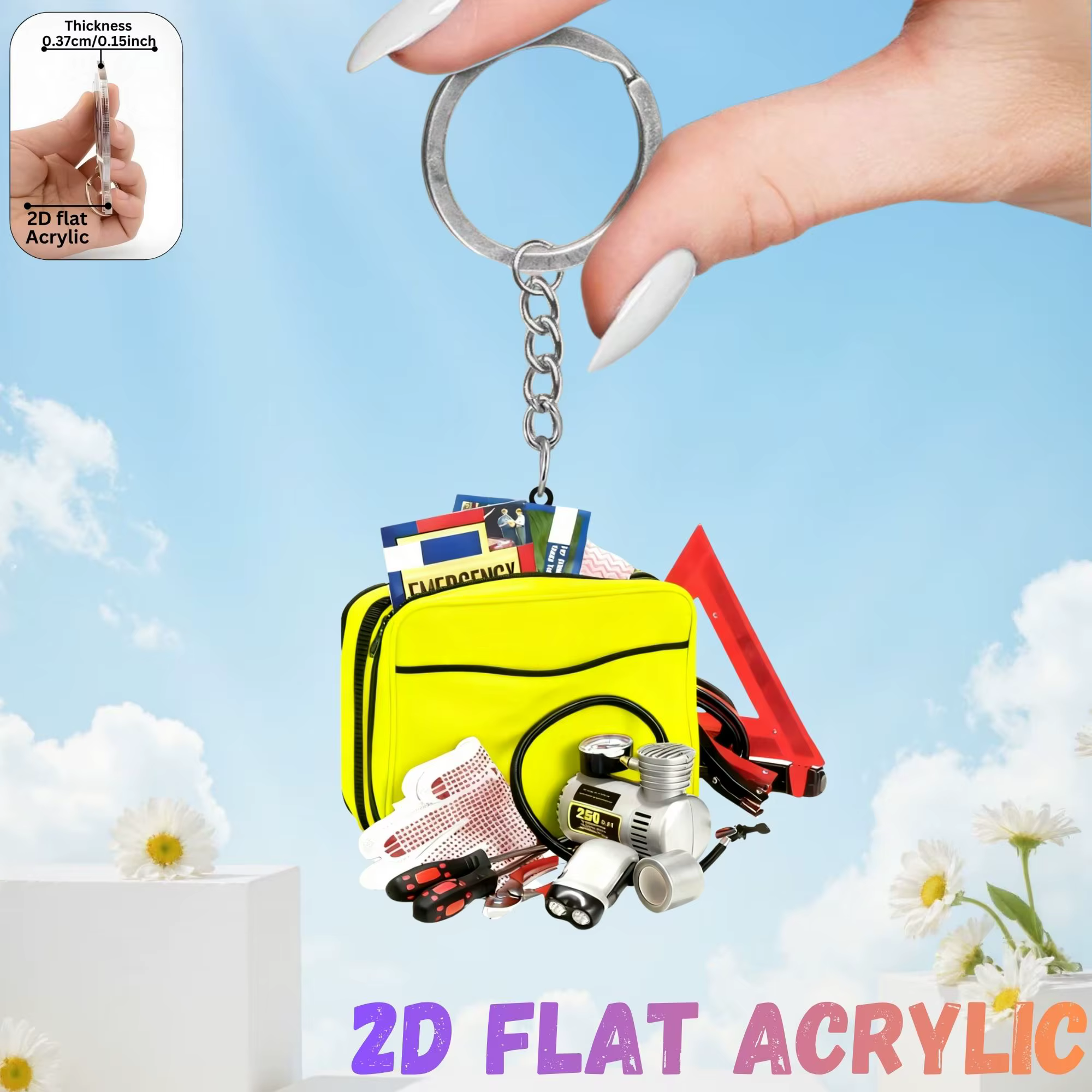 Porte-clés 2D pour kit d'urgence automobile, pendentif plat en acrylique mignon pour les fêtes, exce