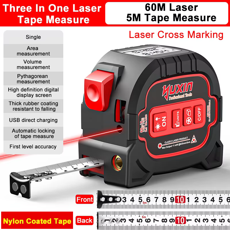 ZLLJMETER télémètre Laser 3 en 1, règle à ruban à mesurer 60M, écran LCD avec rétro-éclairage, télém