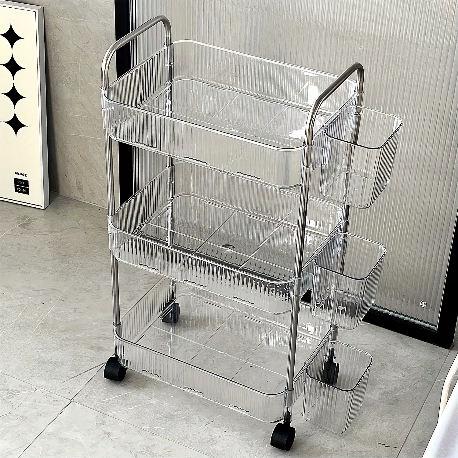 Chariot de rangement transparent à 3 niveaux avec roulettes, organisateur roulant multifonctionnel p