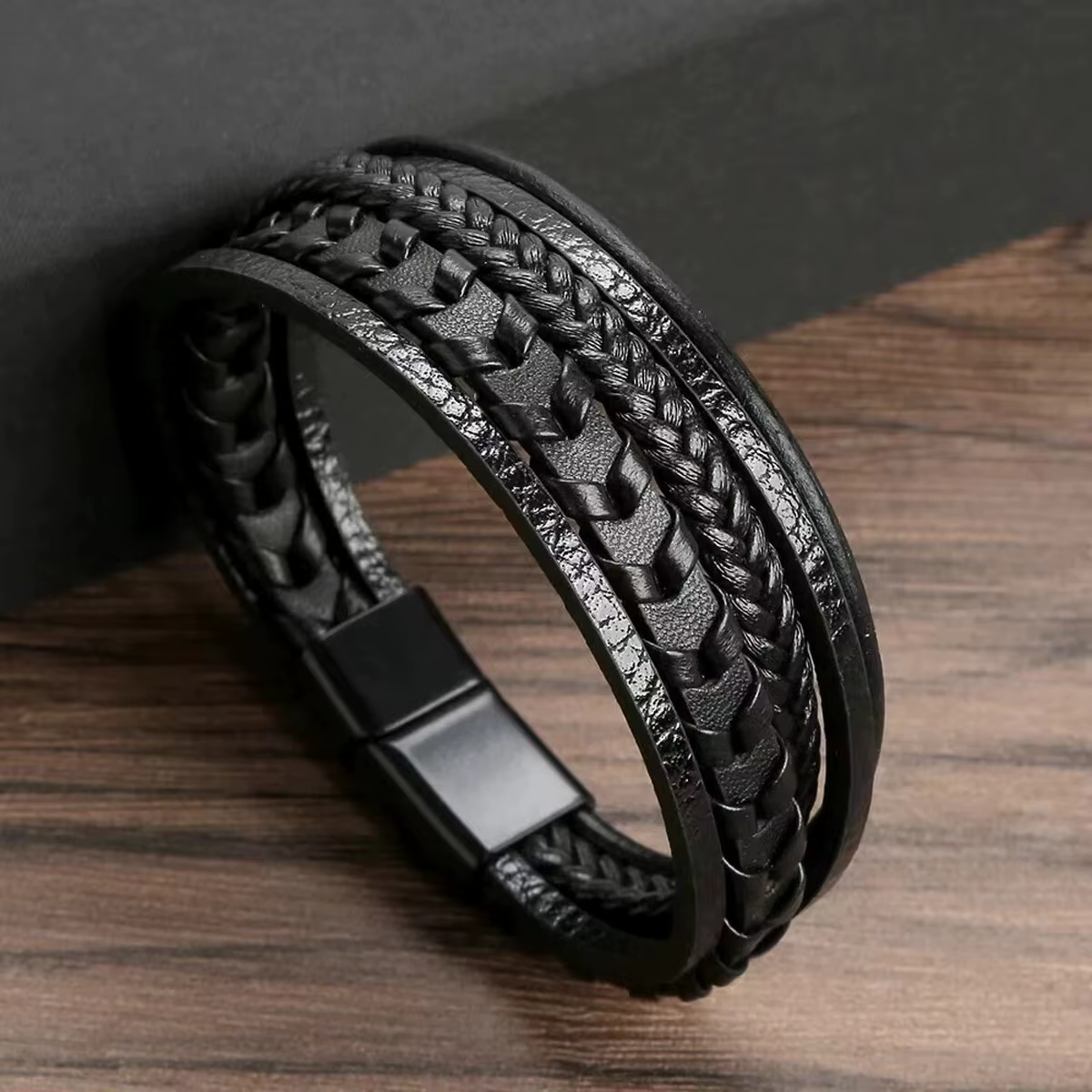 Bracelet tressé en corde de cuir Vintage multicouche pour hommes, accessoires de mode, en alliage, b