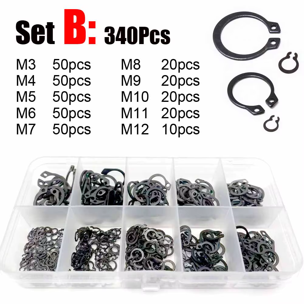 Kit d'assortiment GB894 M3 à M20, 1 boîte, noir, 65mn, roulement d'arbre en acier inoxydable, Clip d