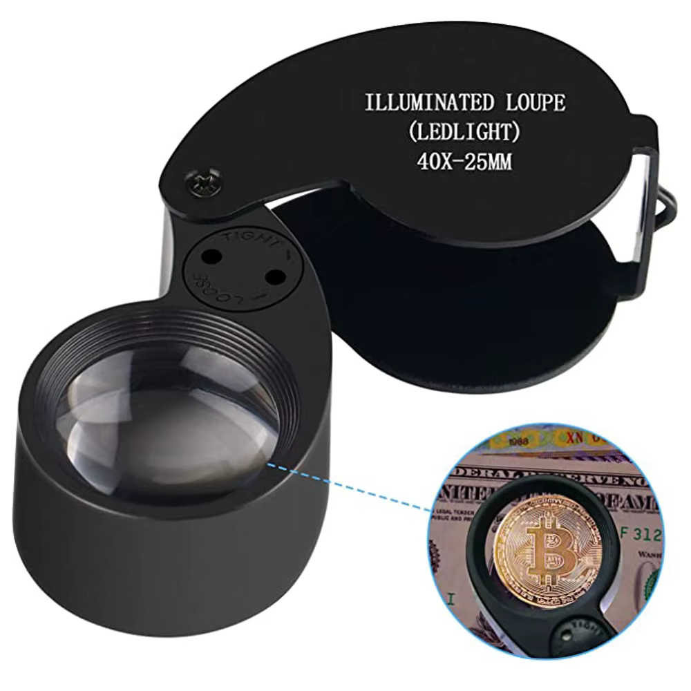 Loupe de bijoutier pliante de poche 40X, Loupe avec lumière pour montre, pièces de monnaie, timbres,
