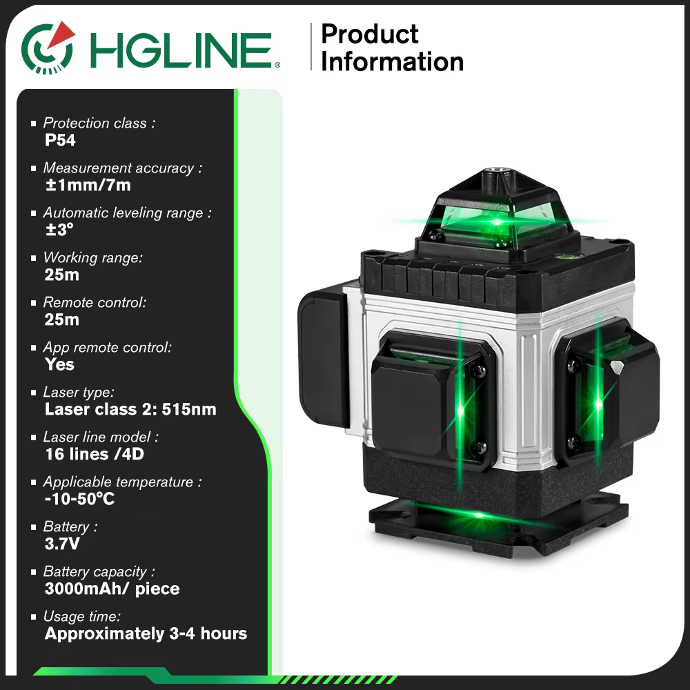Niveau laser professionnel HGLINE 16 lignes avec télécommande APP à nivellement automatique 360 °