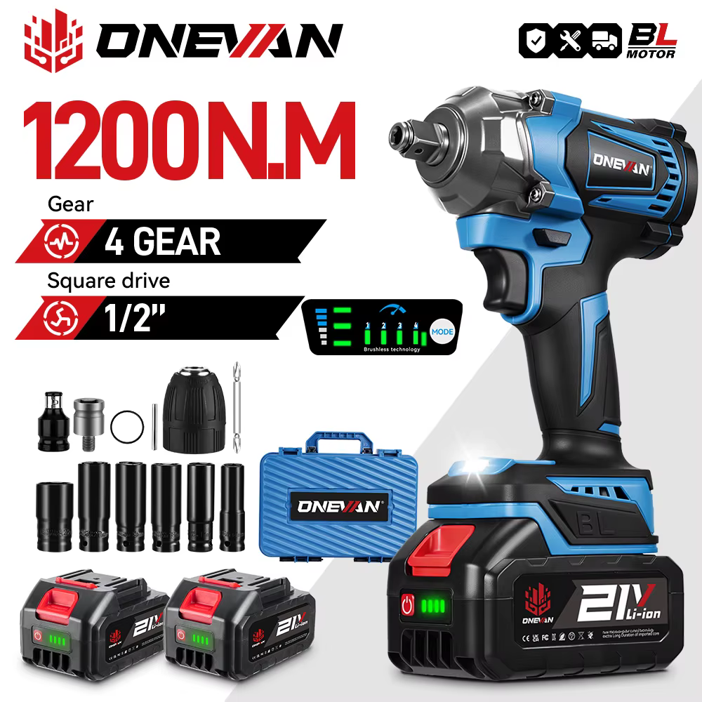 ONEVAN 1200N.M clé à chocs électrique sans brosse 1/2 pouces clé dynamométrique sans fil tournevis o