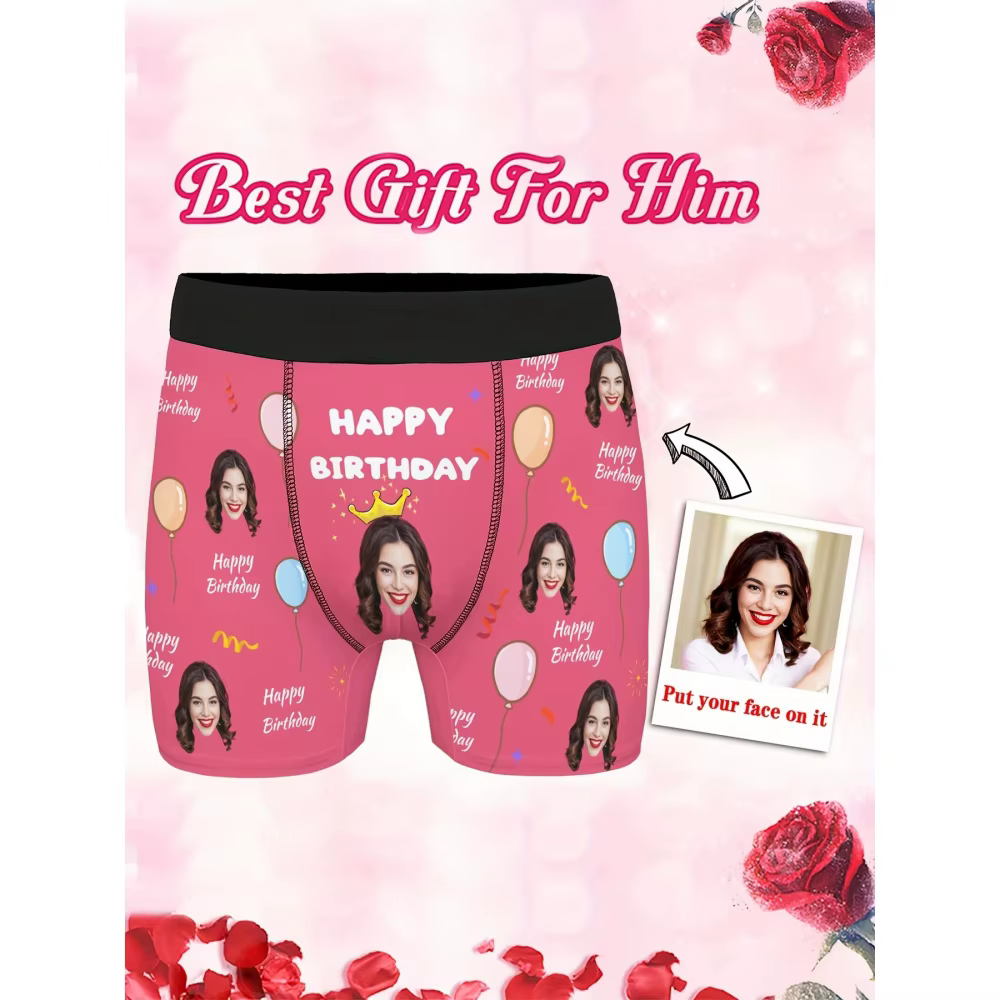 Boxer personnalisé avec photo pour homme, sous-vêtements imprimés avec ballons joyeux anniversaire, 
