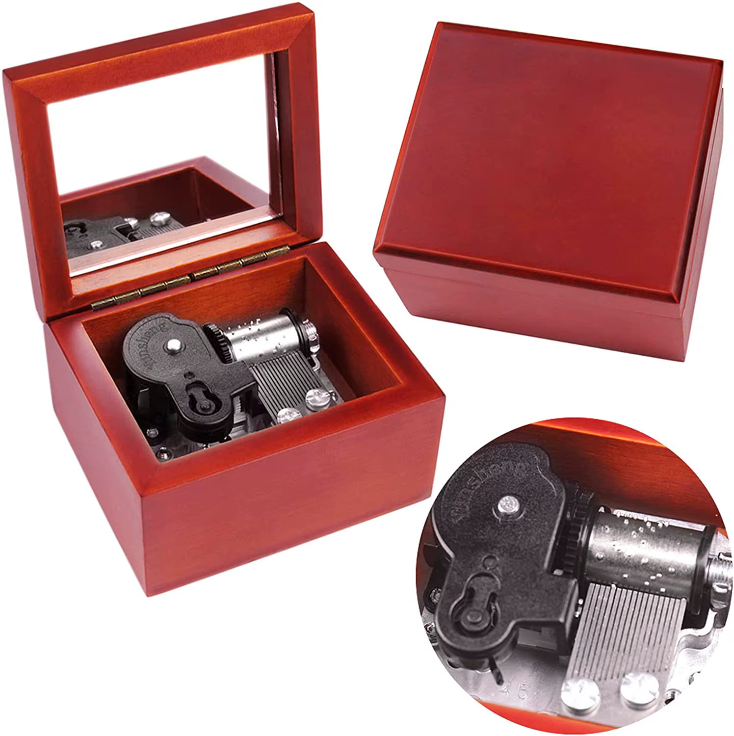 Sinzyo-Boîte à musique en bois miroir rouge, boîte à musique vintage, cadeau pour la fête de Léon, N