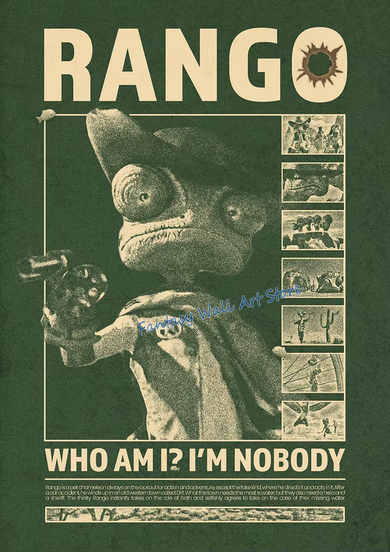 Affiche de film inspirée de Rango, art mural rétro western, affiche de film d'aventure de dessin ani