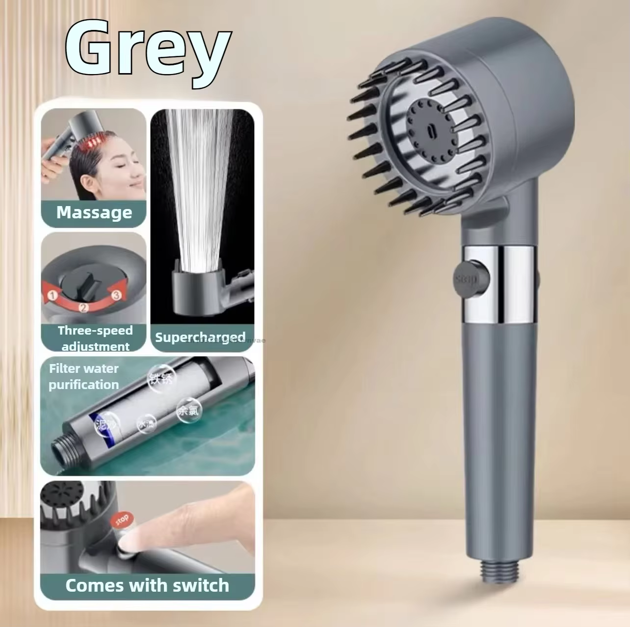 Pommeau de douche avec filtre, boutons de douche haute pression, arrêt à une touche, système de douc