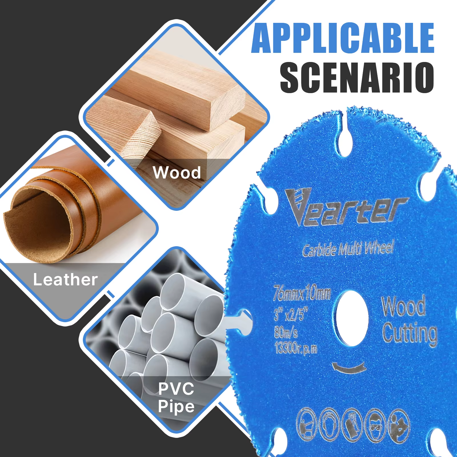 Vearter 76mm × 10mm lame de scie circulaire en carbure brasé sous vide disque de coupe du bois roue