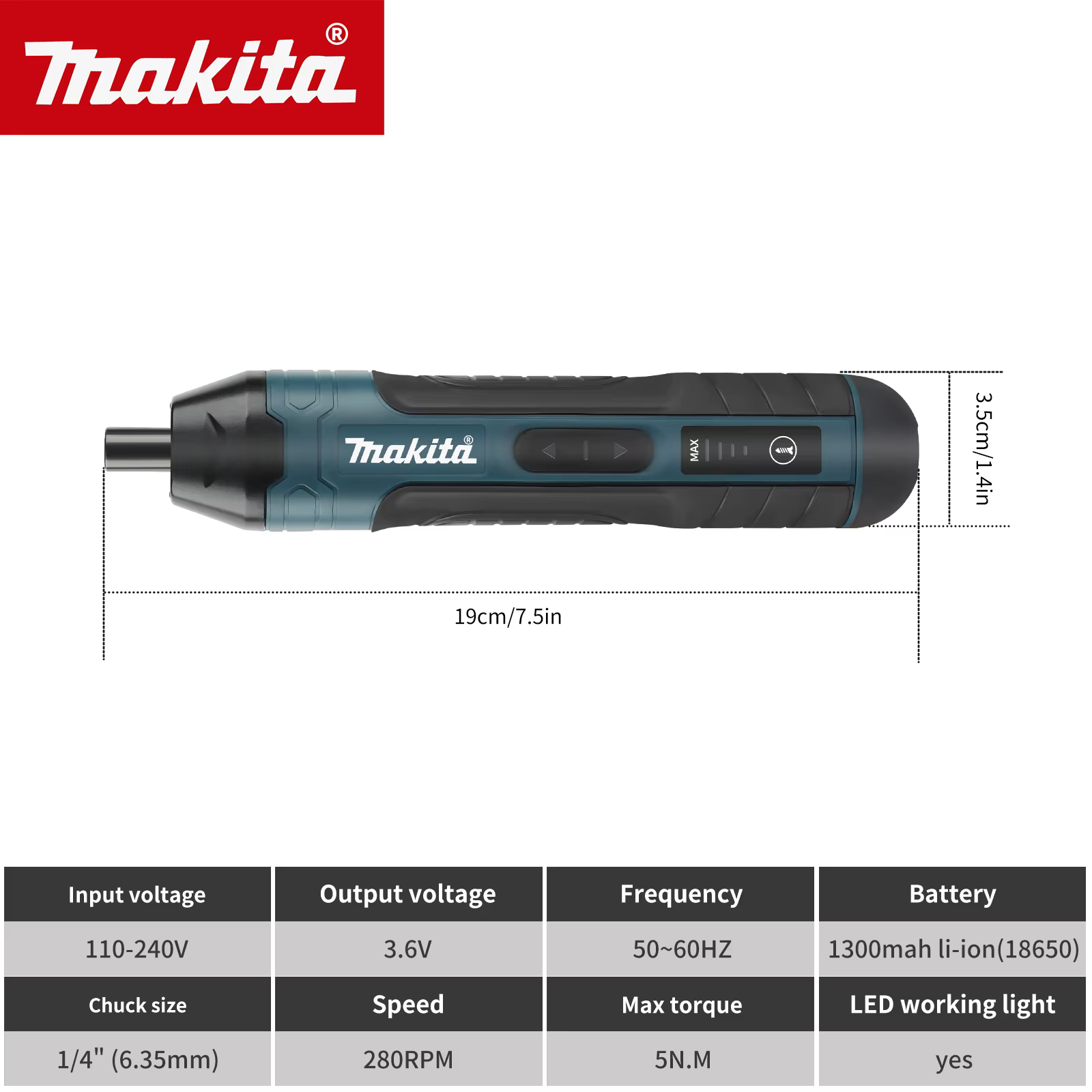 Tournevis électrique sans fil Makita | couple 3,6 V 5 N.m | Mandrin 1/4" | Batterie Li-ion 130