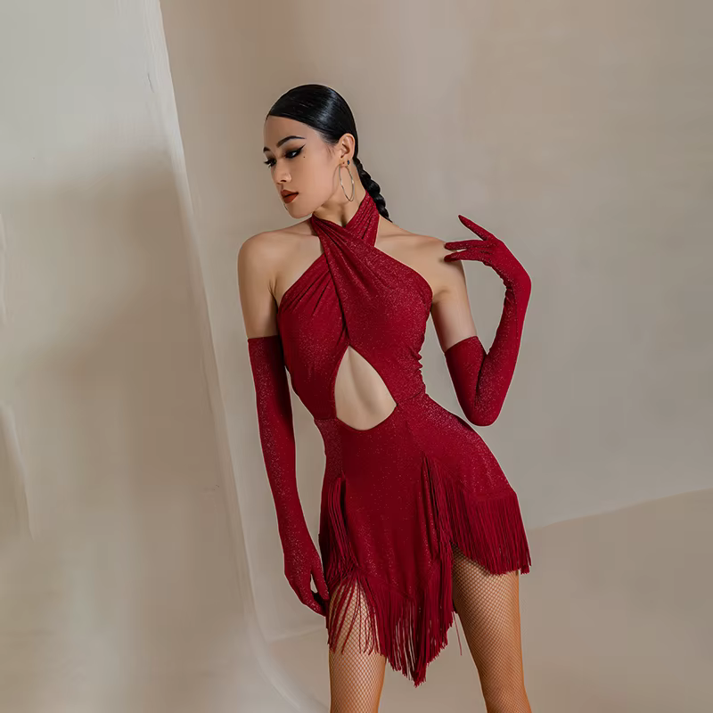 Robe de danse pour femme, tenue de scène rouge, jupe à franges, robe de danse latine pour compétitio