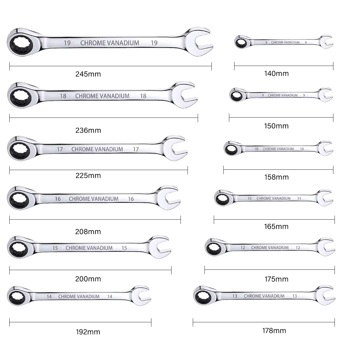 Jeu de clés à cliquet à 72 dents, 12 pièces, 8-19 mm, clés à tête fixe, parfait pour le bricolage à