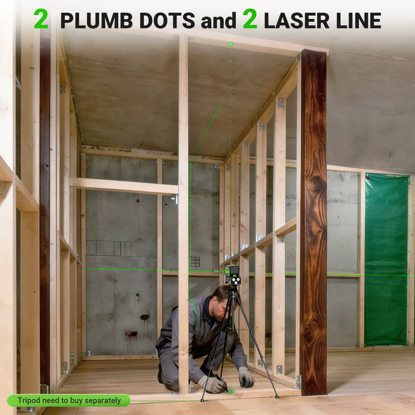 Niveau laser auto-nivelant Huepar PL211G à faisceau vert, 2 lignes, 2 points, avec mode pulsé