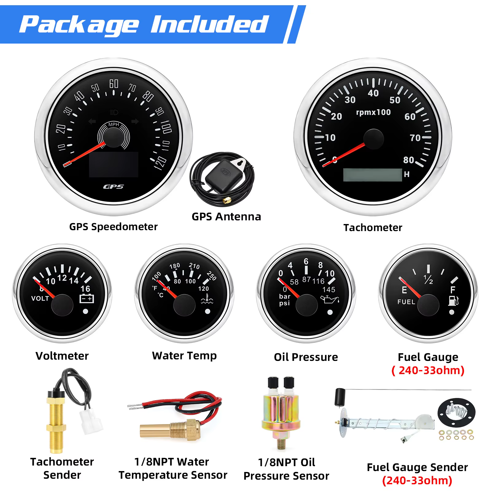 Ensemble de 6 jauges pour bateau et voiture, avec capteur, 7 couleurs, LED, GPS, compteur de vitesse