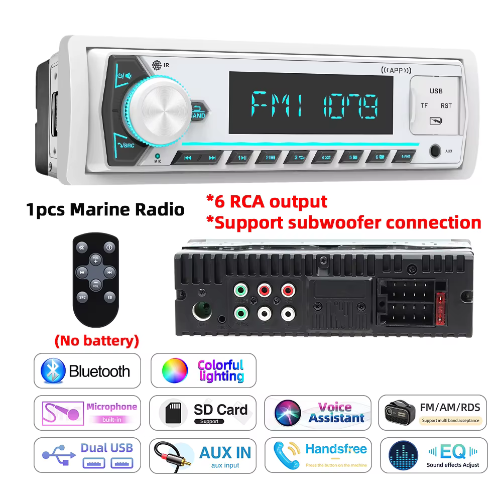 Autoradio marin 1Din, lecteur MP3, Bluetooth, radio bateau, écran LCD numérique, AM FM RDS, SD, AUX 