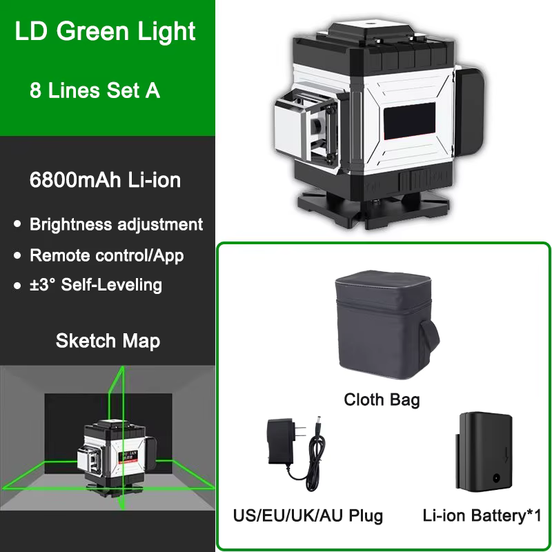 Niveau Laser 16/12/8 lignes 3D/4D, faisceau lumineux vert, télécommande 3 °   Niveau laser à lignes 