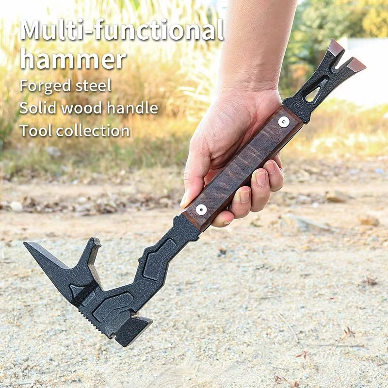 Marteau de survie extérieur multifonctionnel, acier forgé, manche en bois massif, pour le Camping, u