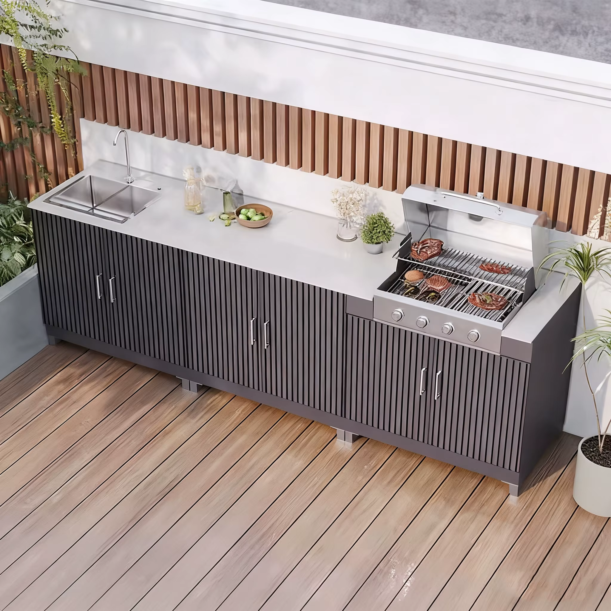 Cuisine de camping pliable moderne en acier inoxydable tout-en-un avec évier et barbecue intégré