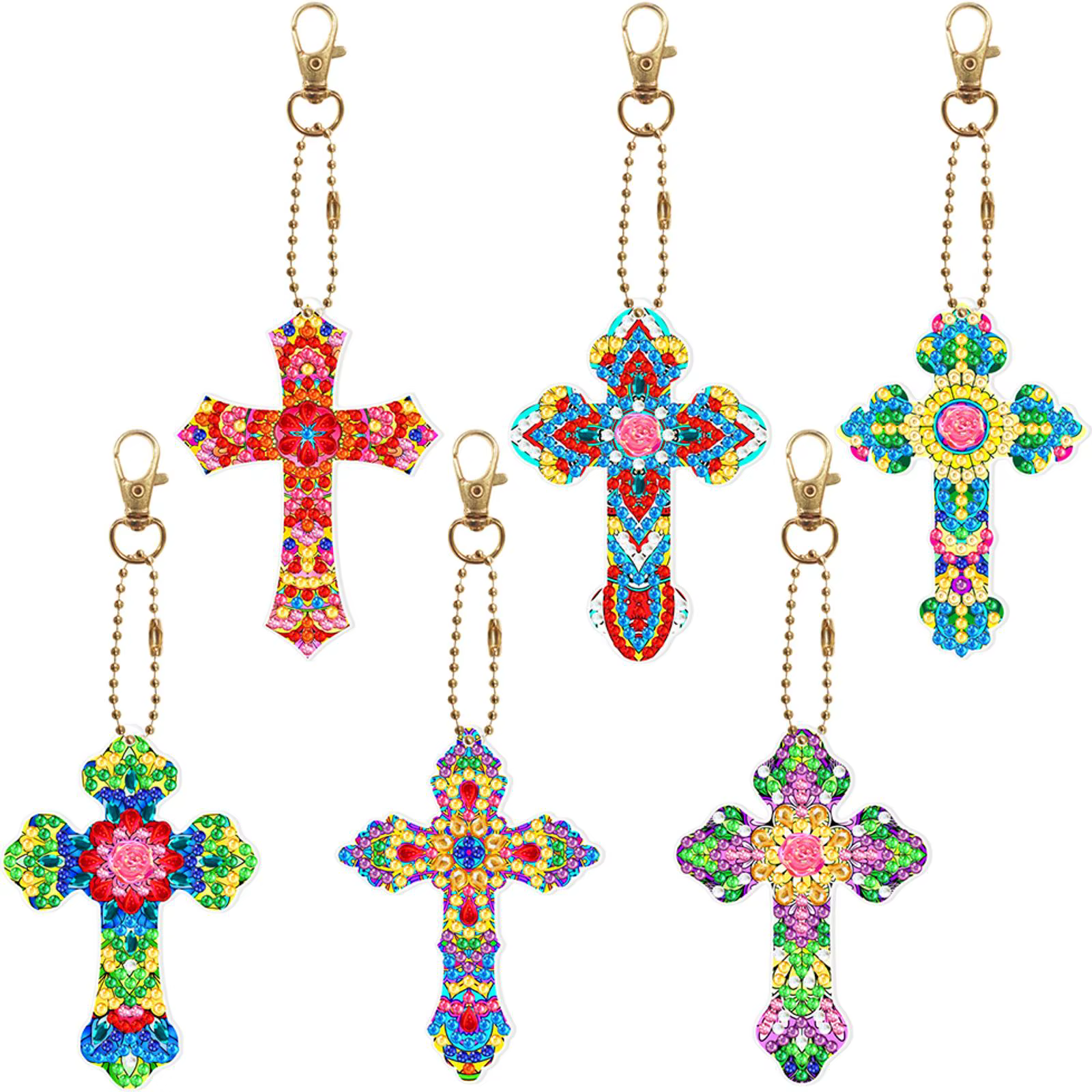 6 pièces Porte-clés de peinture diamantée en forme de croix, Pendentif en strass, Porte-clés DIY à s
