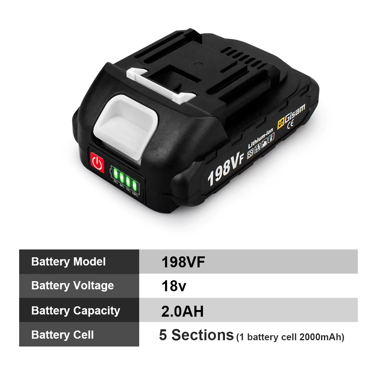 Batterie rechargeable Gisam 4.5Ah 4.0Ah 2.0Ah Lithium-ion 198VF 398VF 928VF Li-ion pour batterie Mak