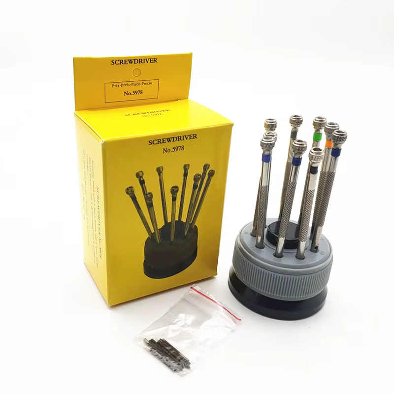Jeu de tournevis 9 pièces pour la réparation de montres, avec base rotative, tournevis en acier pour