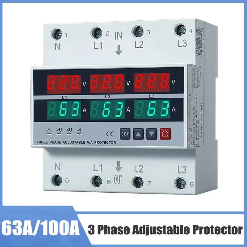 Sélecteur de Phase sur Rail Din triphasé 100A 63A, Protection de courant réglable contre les surtens