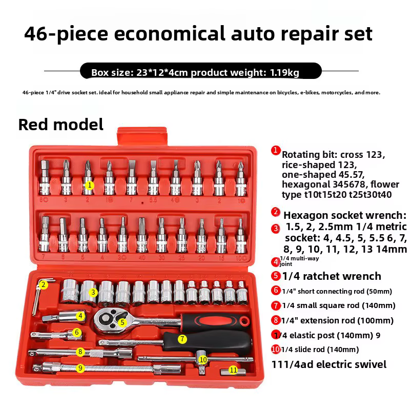 Kit d'outils pour moto avec clé à cliquet rapide, jeu de douilles et embouts 150/46 pièces, boîte à 