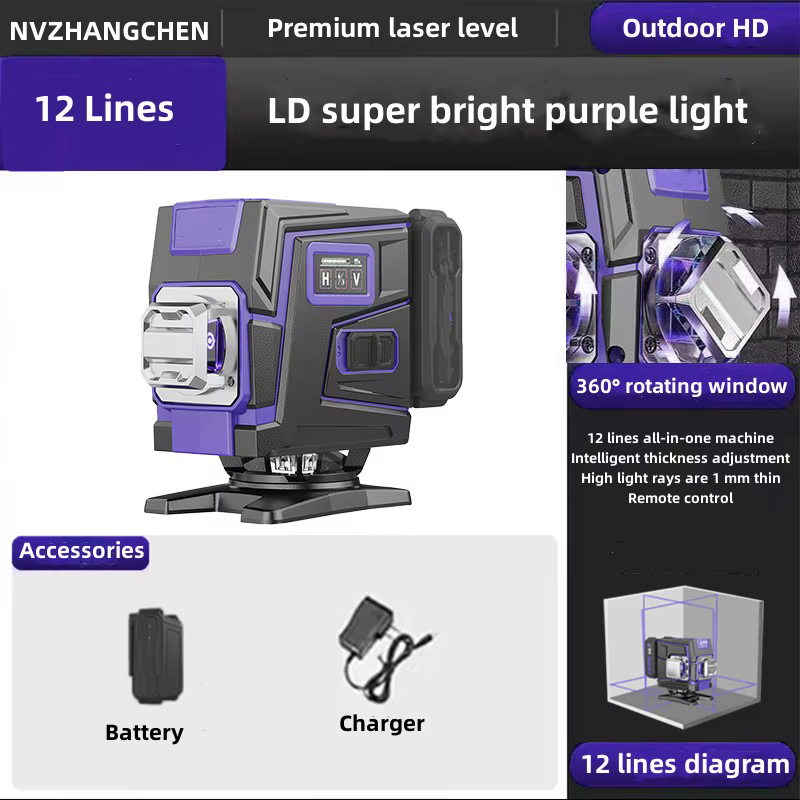 Niveau Laser 12/16 lignes 3D/4D ligne violette auto-nivelante 360 rotation horizontale verticale n