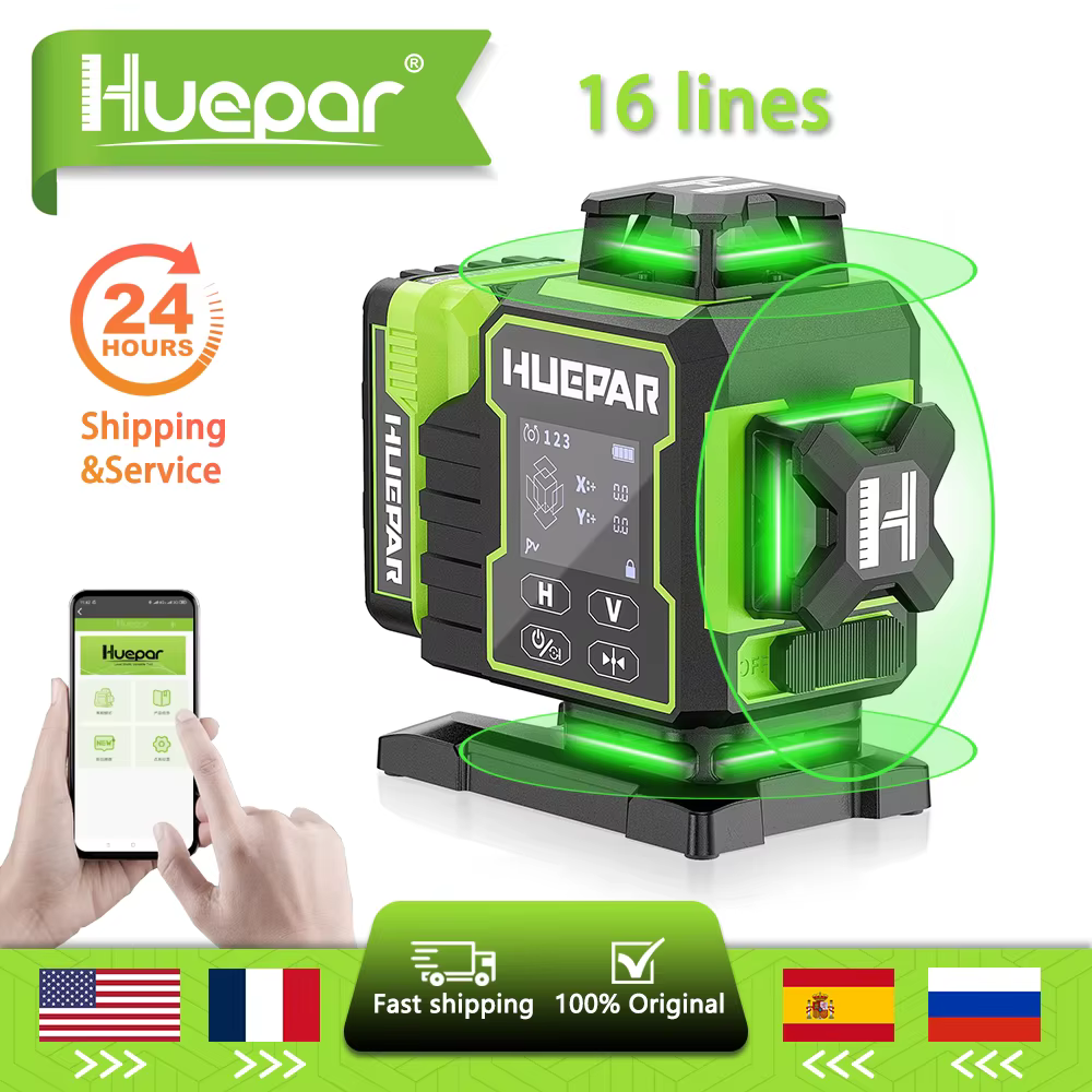 Niveau laser Huepar W04CG 4D 16 lignes à faisceau vert auto-nivelant avec écran tactile LCD, télécom