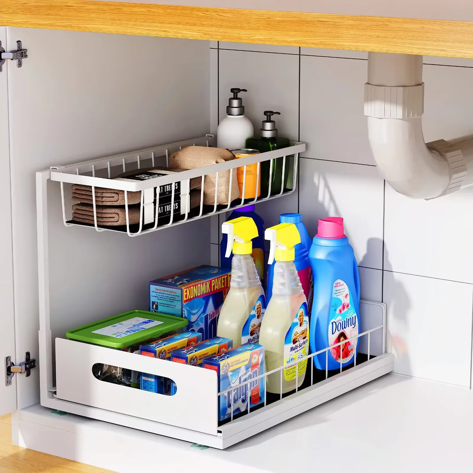 Outil magique de rangement de cuisine! Panier extractible Double couche sous l'évier, transformez fa