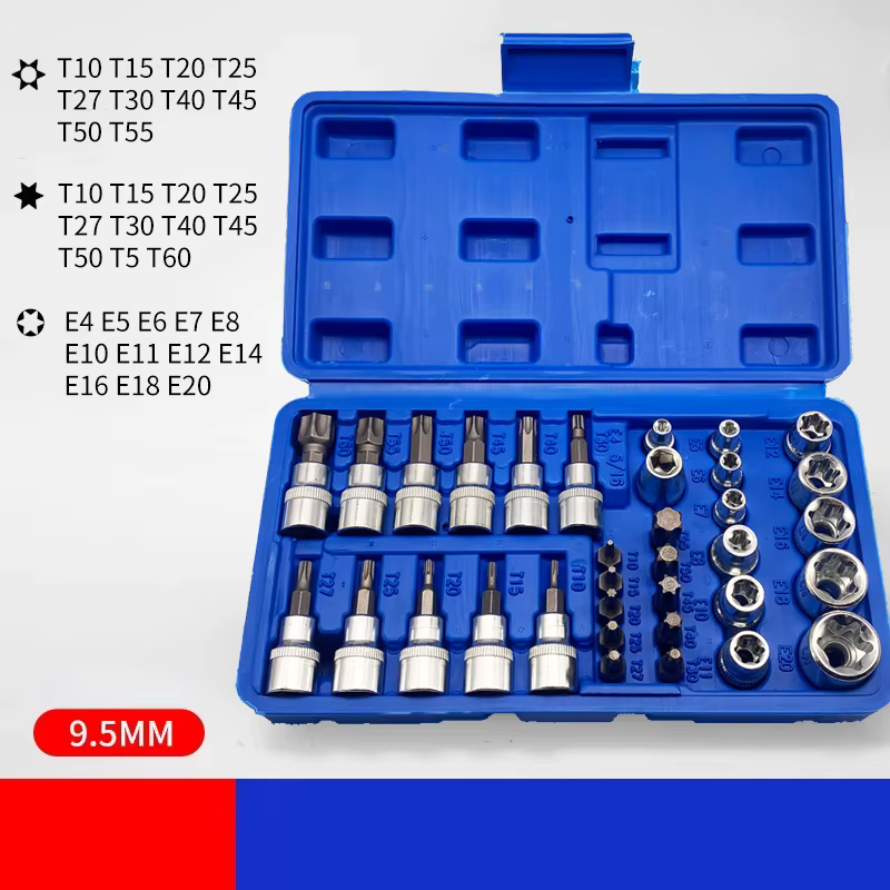 Jeu de douilles Torx et E-Torx professionnel de 34 pièces, douilles Torx et E-Torx de 1/4\", 3/8\",