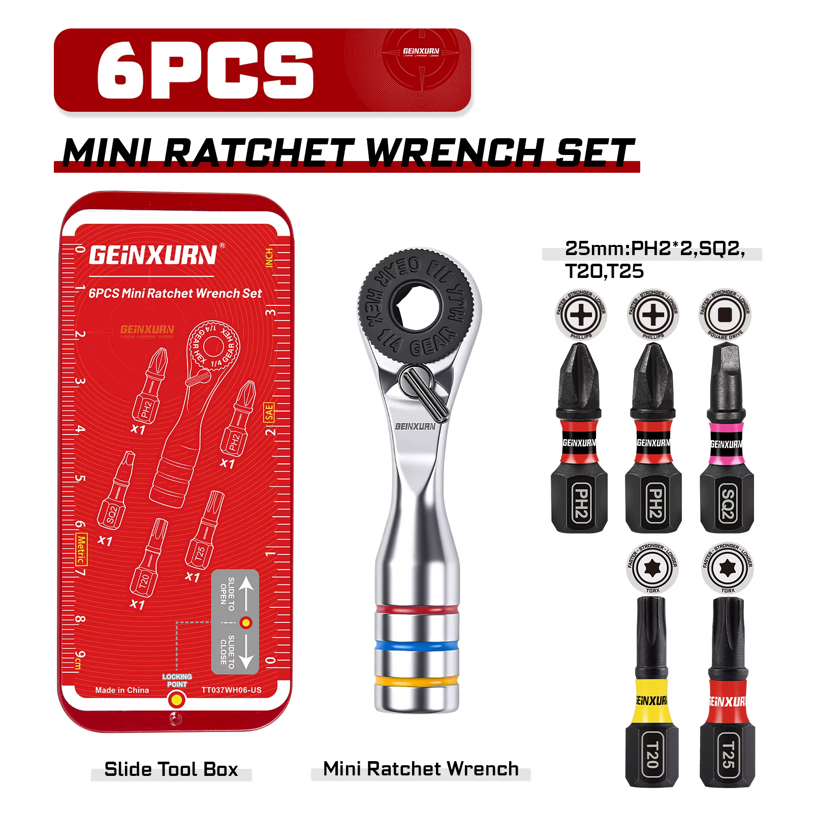 Geinxurn – Lot de 6 mini clés à cliquet, embouts ULTRA TORQUE avec embouts PH2, PH2+, PZ2, T20, T25,