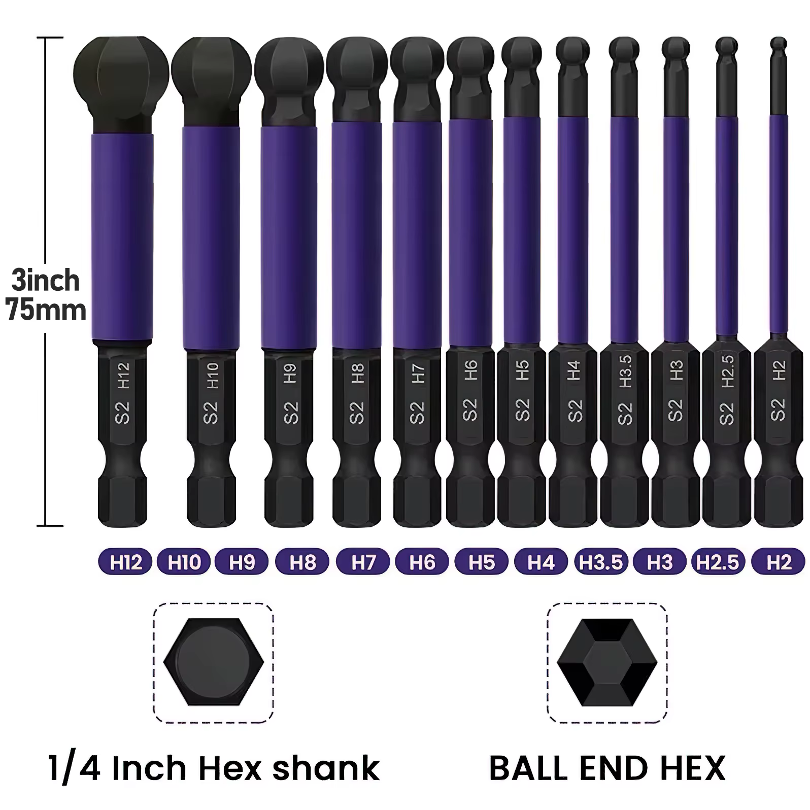 Embouts de tournevis à extrémité sphérique de 65mm, 12 pièces, tige hexagonale de 1/4 pouces, jeu d'