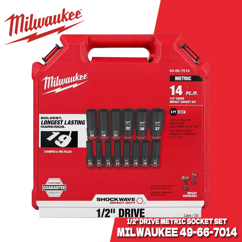 MILWAUKEE 49-66-7014 Impact Duty 14 pièces 1/2 "entraînement métrique profond 6 points douilles Kits