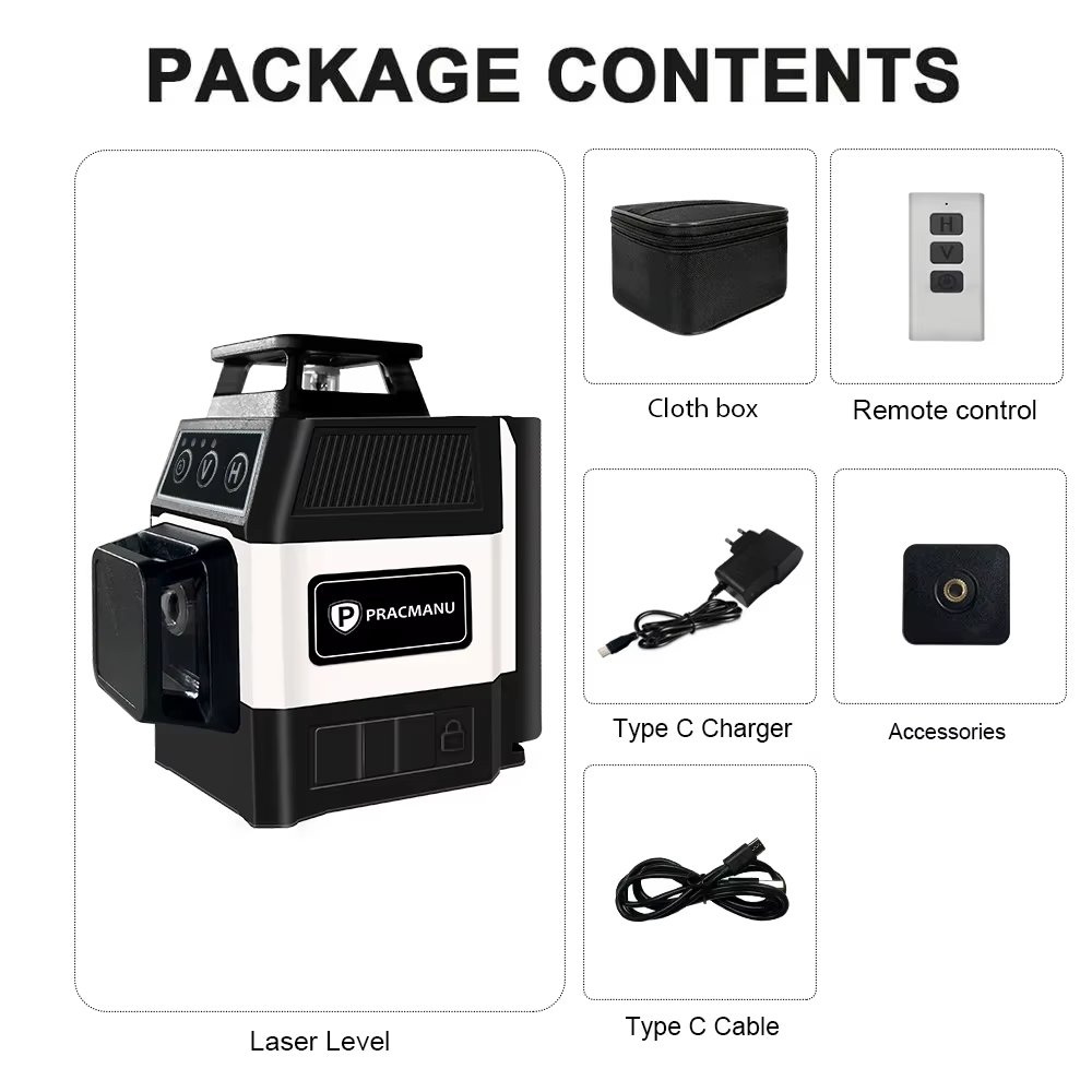 Pracmanu Mini 12 lignes niveau Laser 3D 360 niveau Laser à lignes transversales horizontales et vert